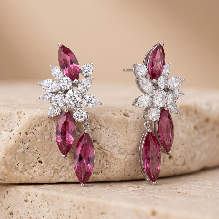 Marquise Ruby Diamond Floral Drop Earrings in 18K White Gold