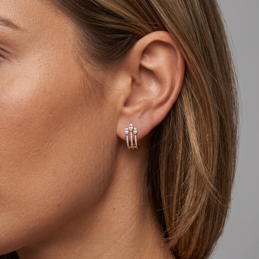 Triple Marquise Crown Diamond Hoop Earrings in 14K Yellow Gold