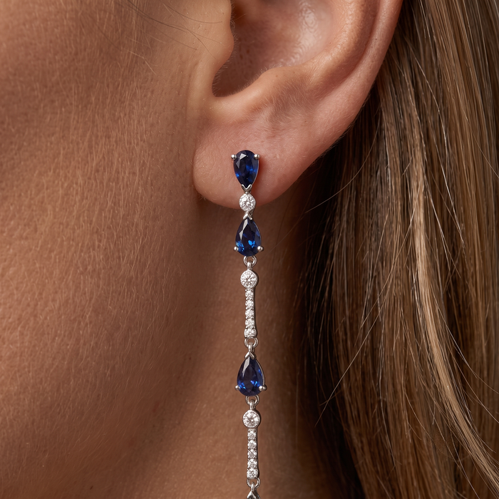Multi Blue Sapphire 14K (or 18k upon request) Yellow Gold Diamond Drop Earrings