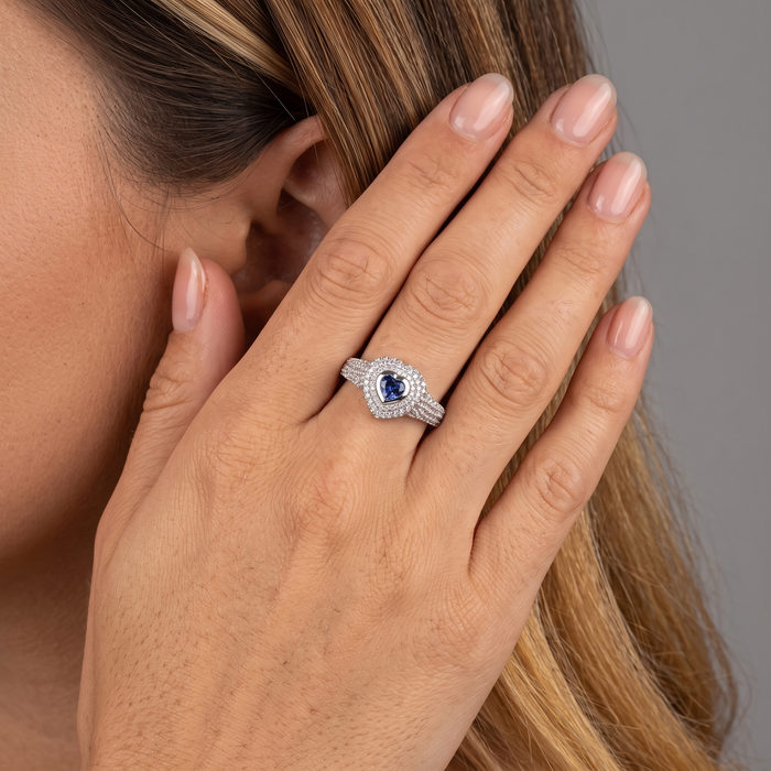 Heart Blue Sapphire Diamond Halo Ring in 14K White Gold