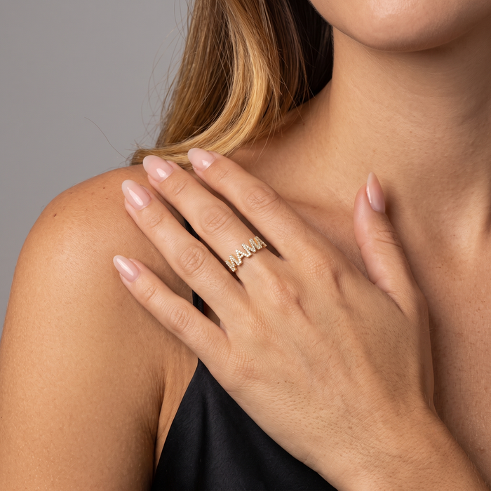 Diamond Encrusted Mama Ring in 14K Yellow Gold