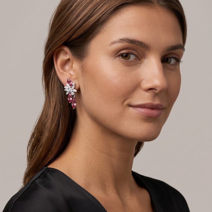 Marquise Ruby Diamond Floral Drop Earrings in 18K White Gold