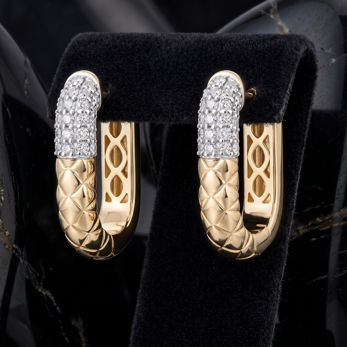 Two Tone Quilted Diamond Accent Earrings in 14K Yellow Gold