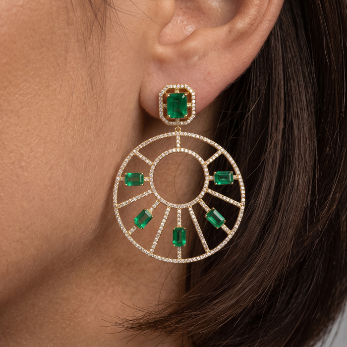 Emerald Diamond Sunburst Statement Earring in 14K Yellow Gold