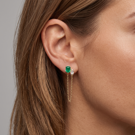 Emerald Cascade Diamond Chain Earrings in 14K Yellow Gold