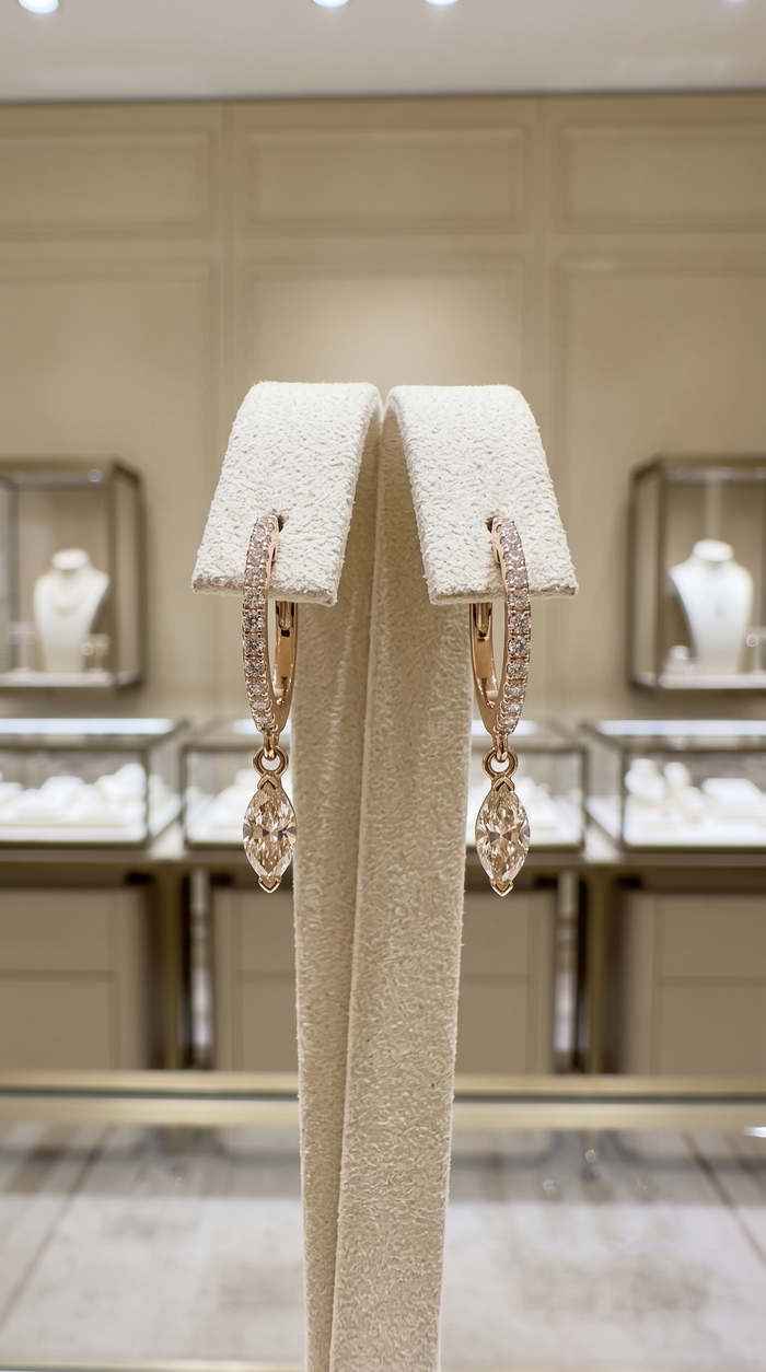 Marquise Diamond Drop Huggie Earrings in 14K Yellow Gold