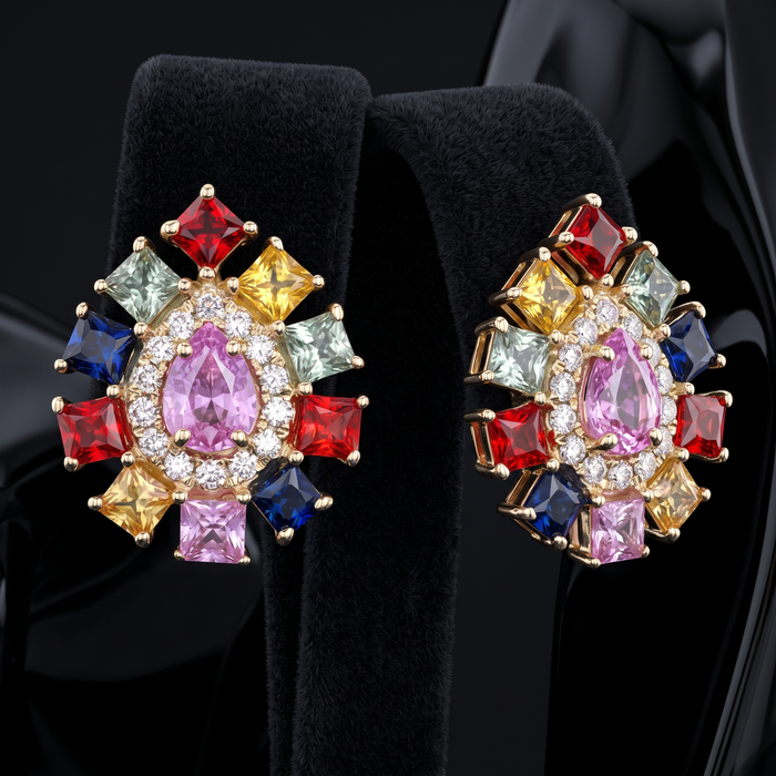 Multi-Sapphire Diamond Stud Earrings in 14K Yellow Gold