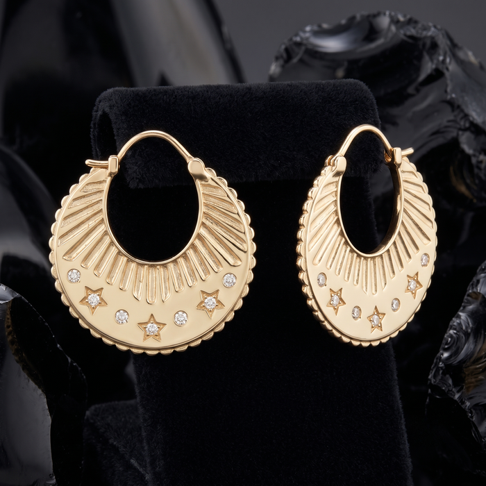 Celestial Etched Starburst Hoop Earrings in 14K Yellow Gold