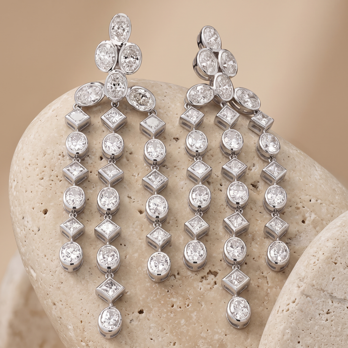 Oval Shape Chandellier Diamond Earrings in 18K White Gold