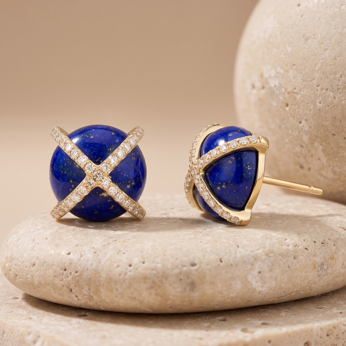 Charm Lapis Pearl Diamond Stud Earrings in 14K Yellow Gold