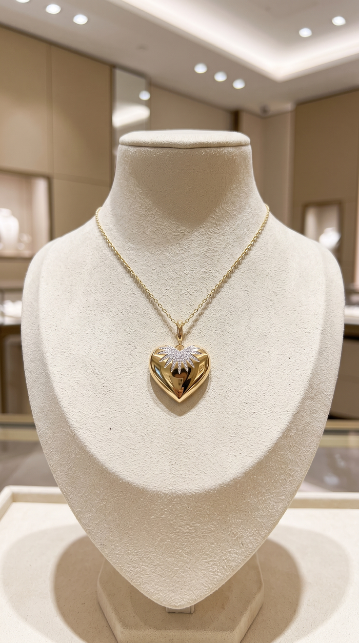 Diamond Fluted Heart Pendant Necklace in 14K Yellow Gold
