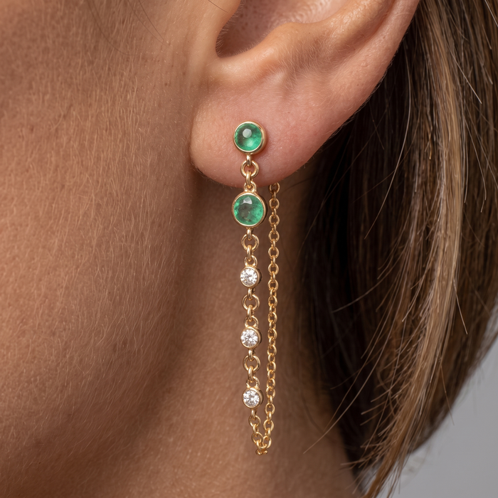 Dual Chain Emerald Drop Earrings in 14K Yellow Gold
