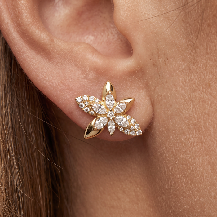 Marquise Diamond Five Petal Flower Stud Earrings in 14K Yellow Gold