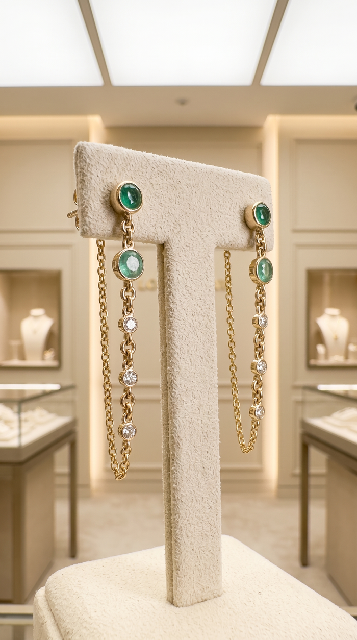 Dual Chain Emerald Drop Earrings in 14K Yellow Gold