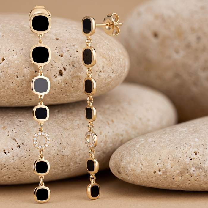 Diamond Black Enamel Drop Earrings in 14K Yellow Gold