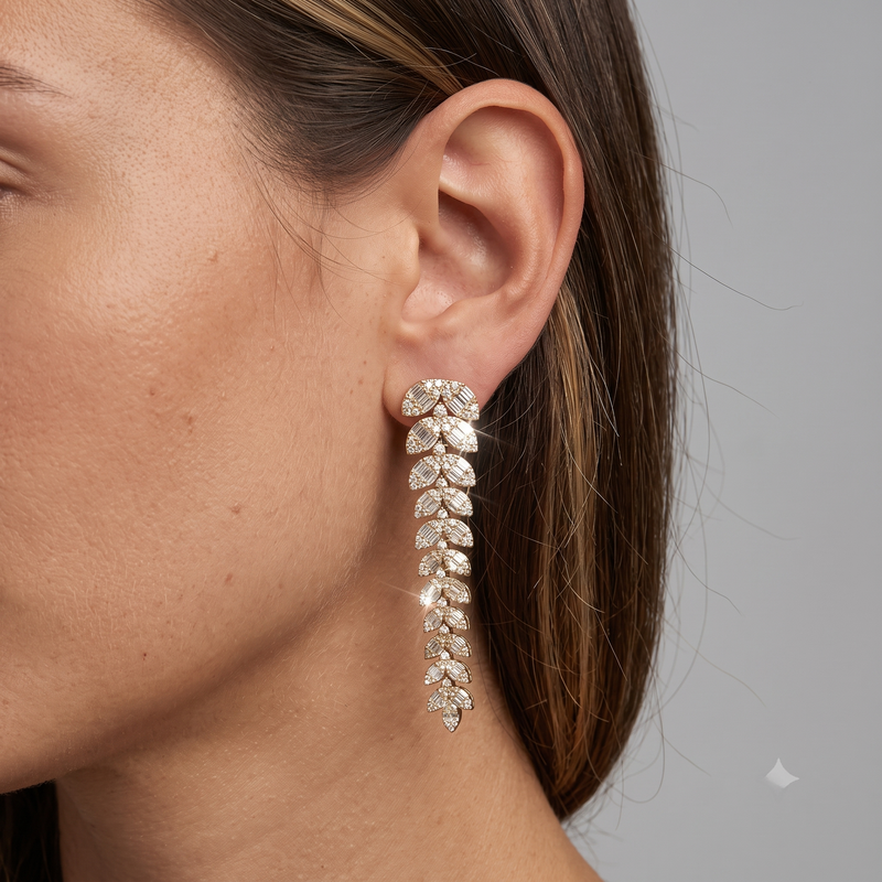 Small Leaf Long Drop Earrings in 14K Yellow Gold