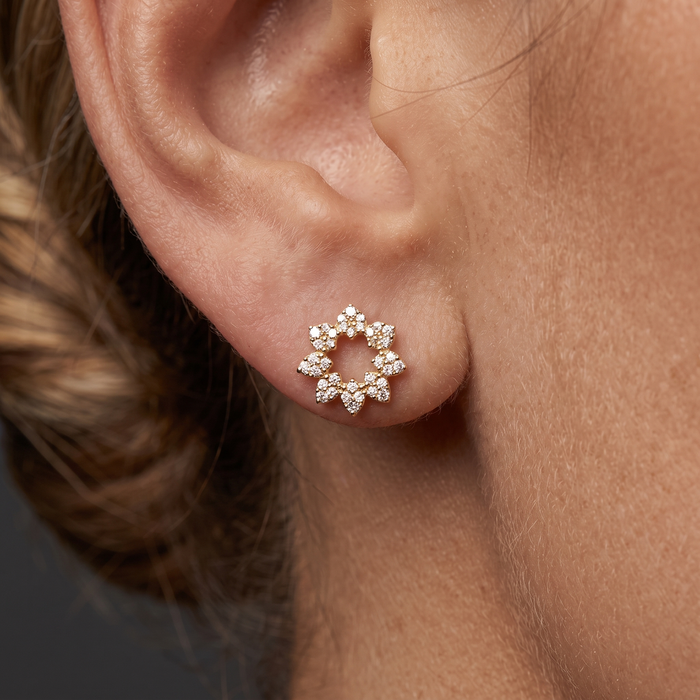 Pave Diamond Open Floral Stud Earrings in 14K Yellow Gold