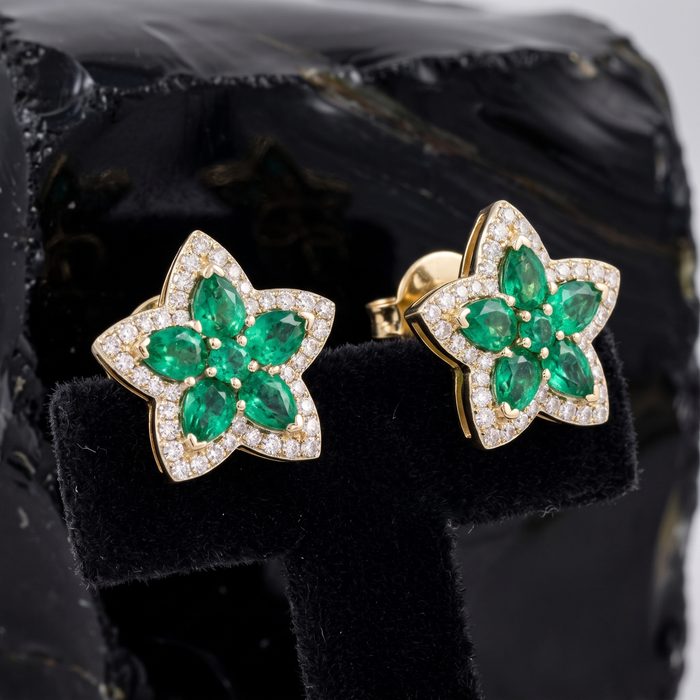 Emerald Ruby Gemstone Stud Earrings in 14K Yellow Gold