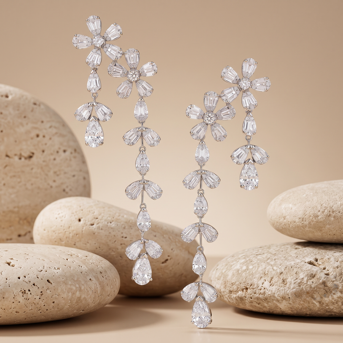 Round Baguette Round Diamond Earrings in 18K White Gold