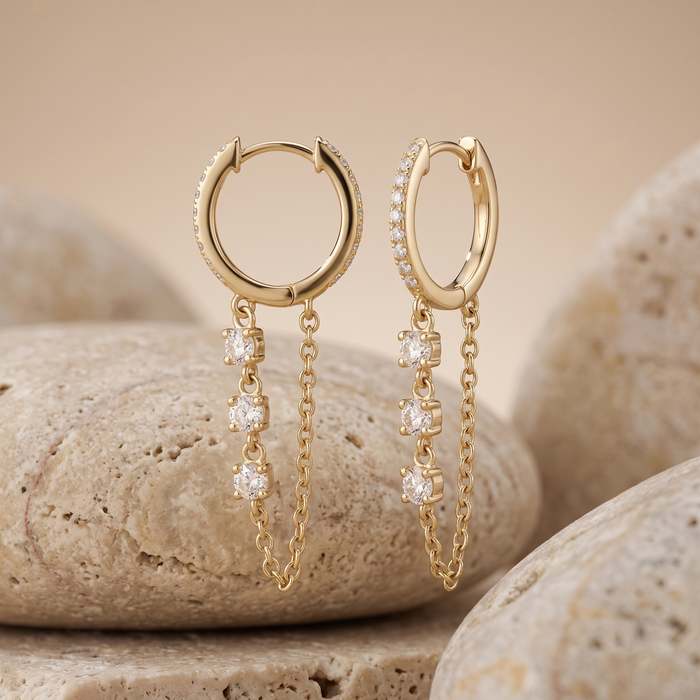 Lustre Flow Diamond Dangle Hoop Earrings in 14K Yellow Gold