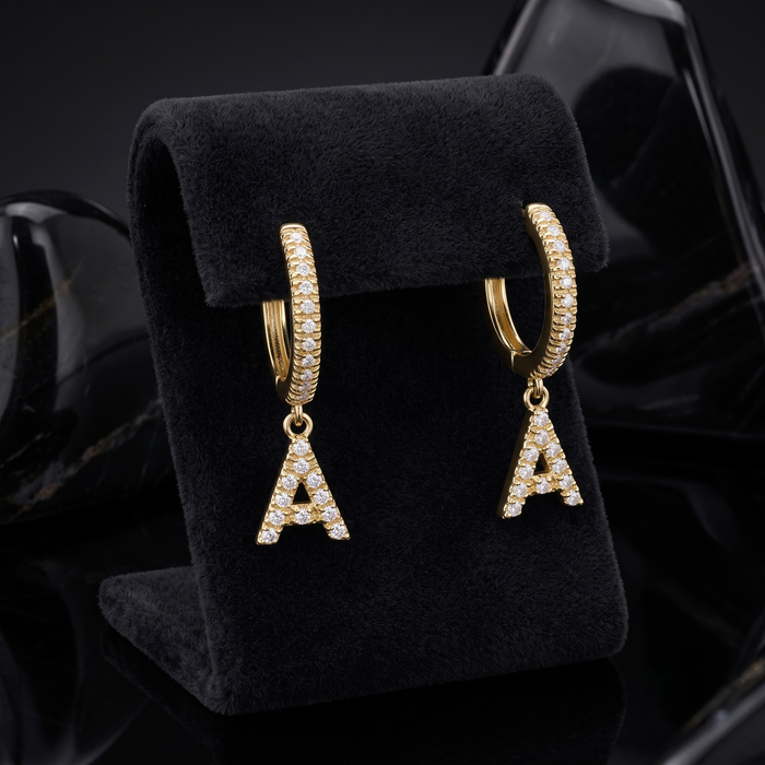 Pave Diamond Initial a Drop Earrings in 14K Yellow Gold