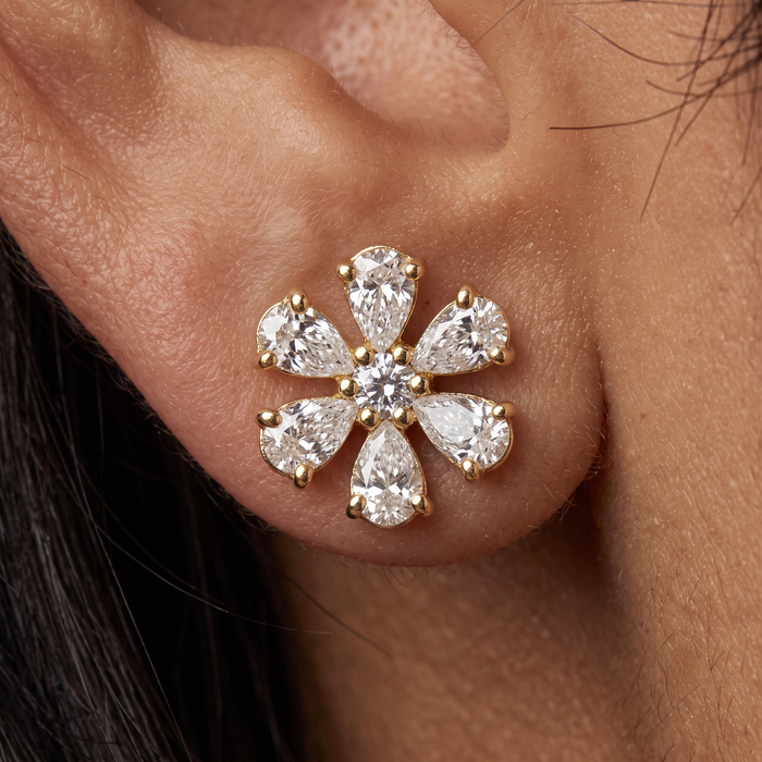 Pear Cut Flower Stud Earrings in 14K Yellow Gold