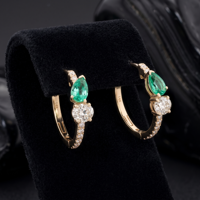 Emerald Diamond Accent Huggie Earrings in 14K Yellow Gold