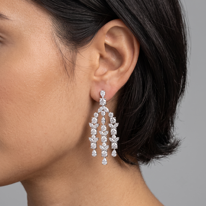 Cascade Multi Cut Diamond Drop Earrings in 18K White Gold