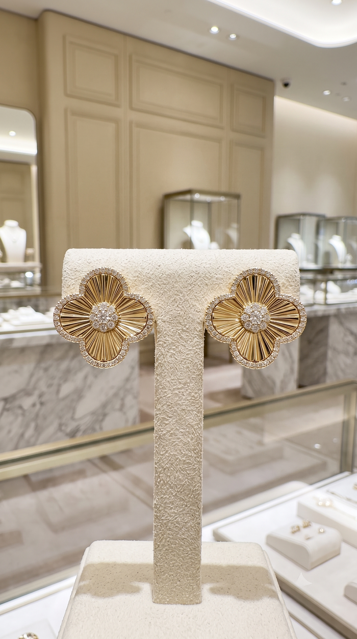 Sleek Lined Flower Diamond Stud Earrings in 14K Yellow Gold
