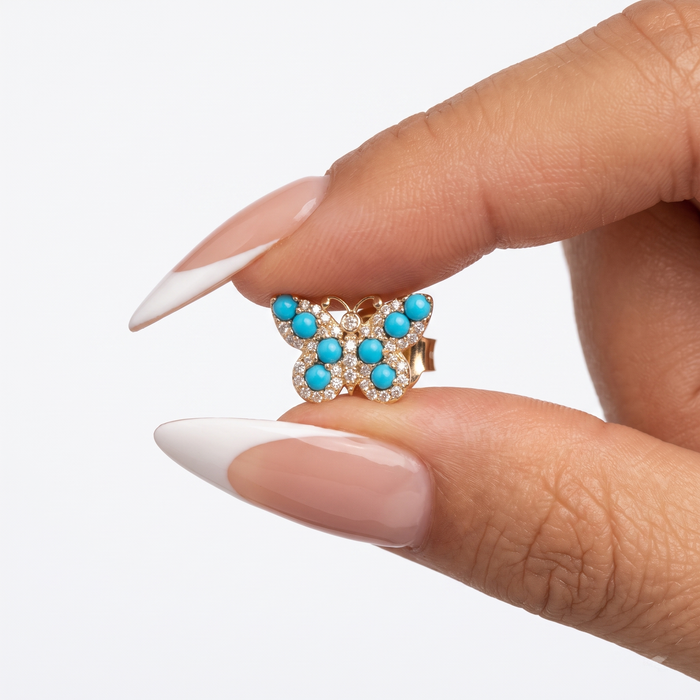 Turquoise Butterfly Diamond Accents Stud Earrings in 14K Yellow Gold