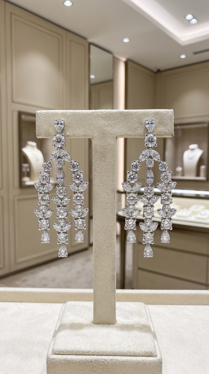Cascade Multi Cut Diamond Drop Earrings in 18K White Gold