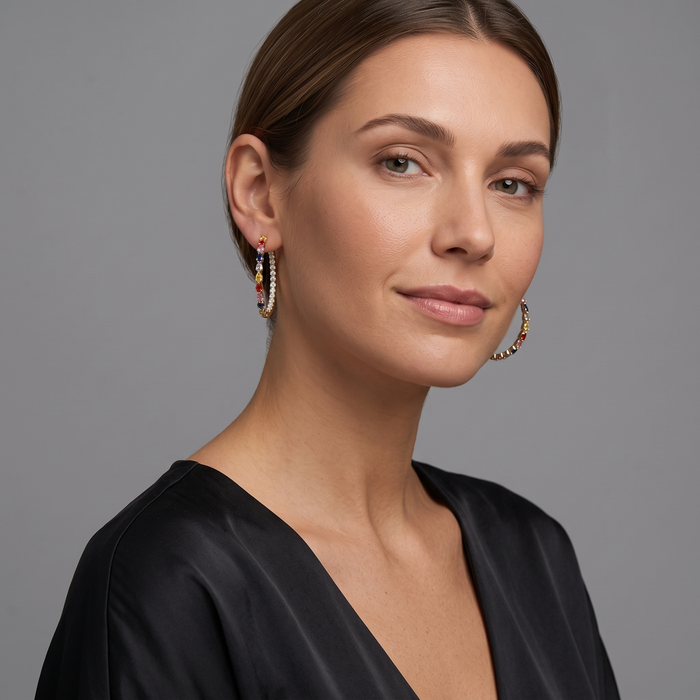 Sapphire Love Hoops Diamond Earrings in 14K Yellow Gold