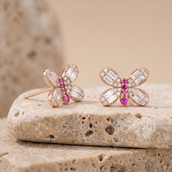 Butterfly Stud Ruby Diamond Wings Earrings in 14K Yellow Gold