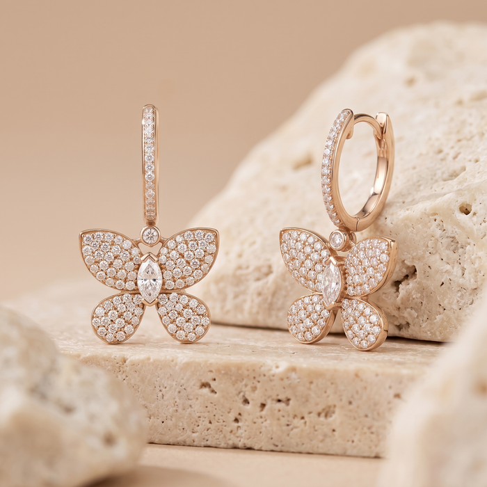 Marquise Center Pave Butterfly Drop Earrings in 14K Yellow Gold