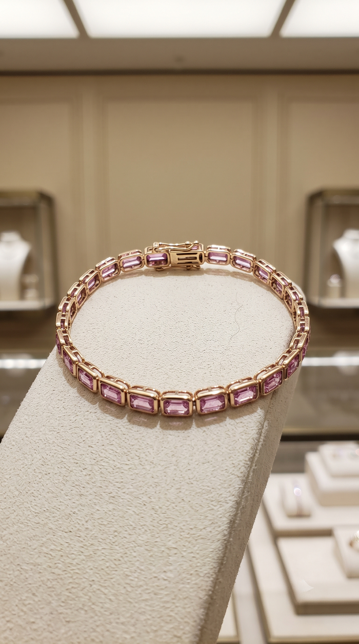 Emerald Cut Pink Sapphire 14K Gold Tennis Bracelet