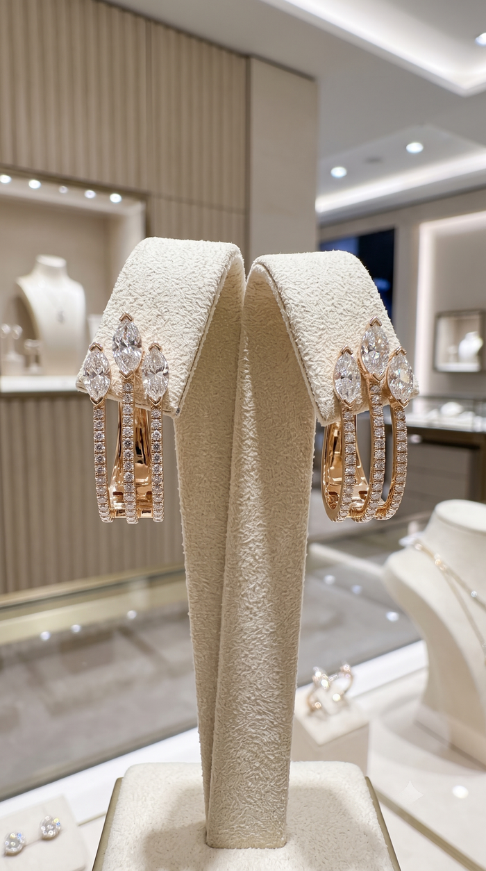Triple Marquise Crown Diamond Hoop Earrings in 14K Yellow Gold