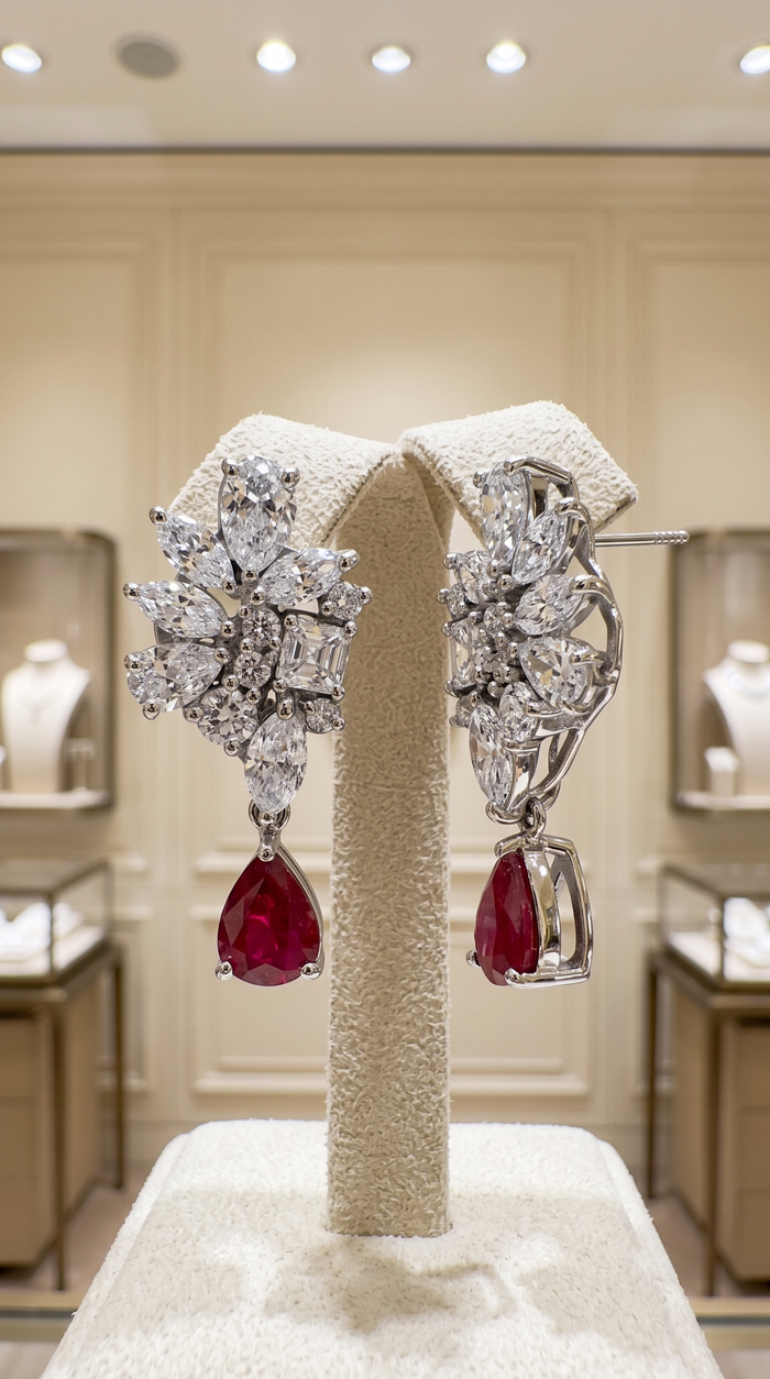 Floral Cluster Diamond Ruby Drop Earrings in 18K White Gold
