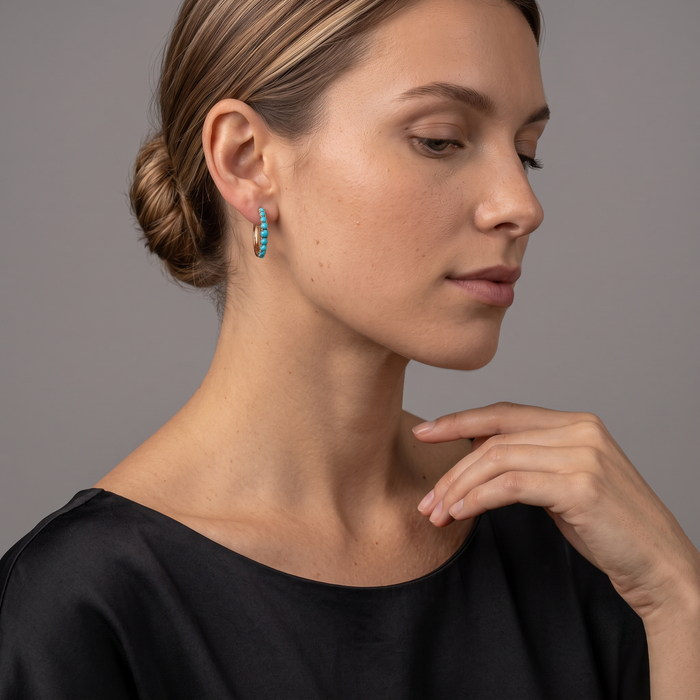 Turquoise Diamond Topaz Hoop Earrings in 14K Yellow Gold