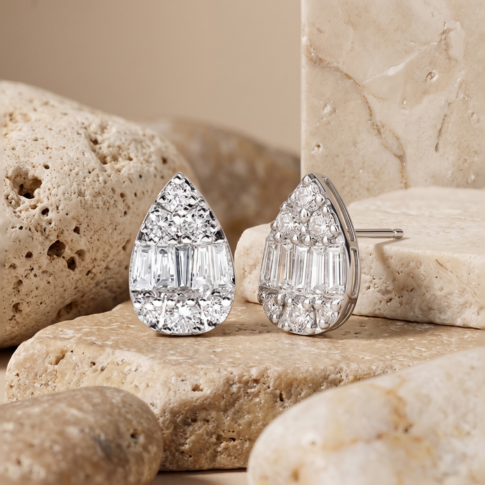Round Diamond Pear Shape Stud Earrings in 14K White Gold