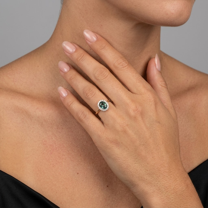 Oval Blue Sapphire Diamond Halo 14K Gold Ring