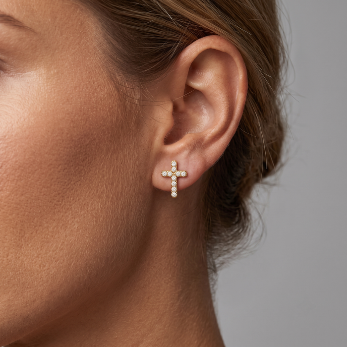 Cross Shape Diamond Stud Earrings in 14K Yellow Gold