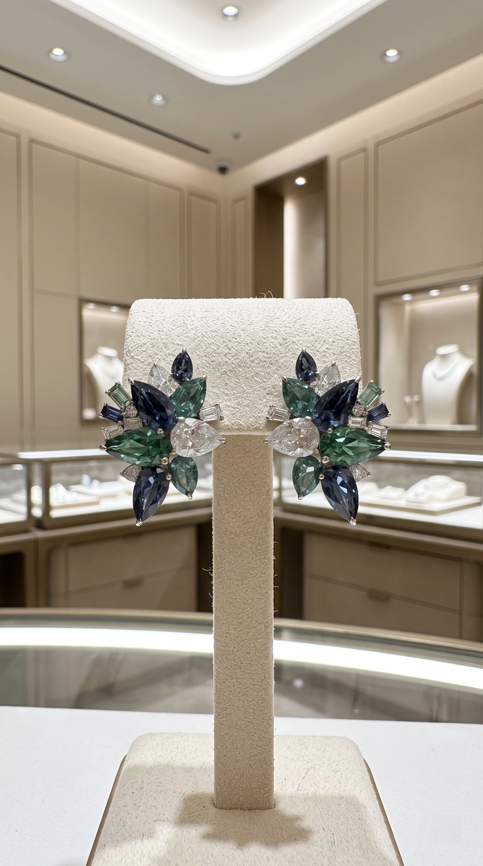 Multicolor Sapphire & Diamond 14K White Gold Floral Stud Earrings