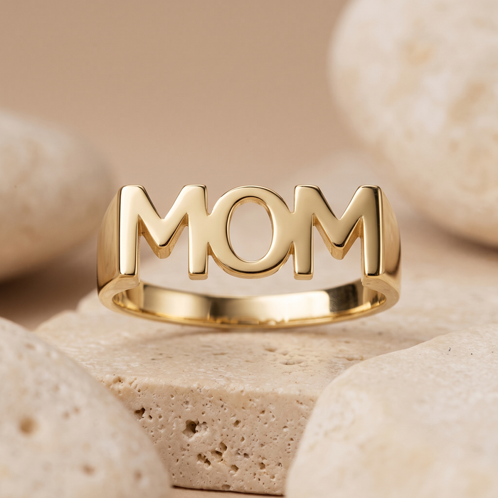 Polished Letter Mom Ring in 14K Yellow Gold