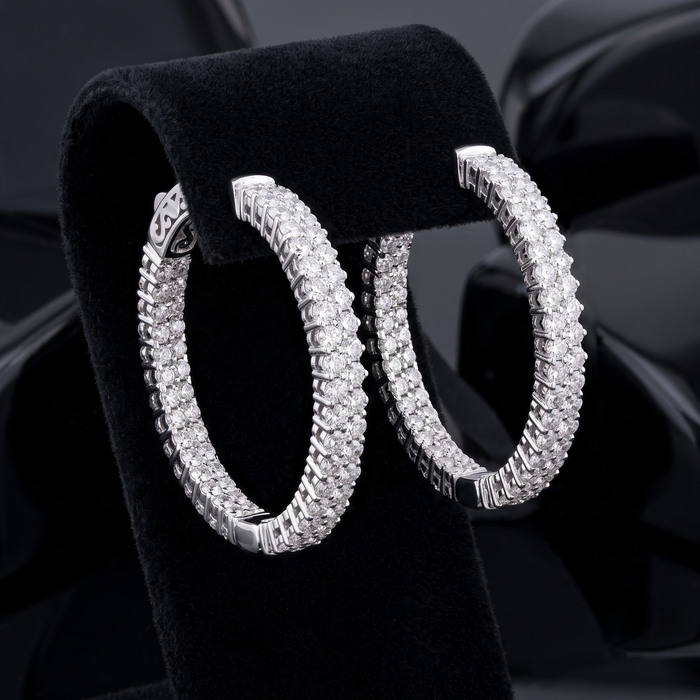 Double Row Round Diamond Hoop Earrings in 14K White Gold