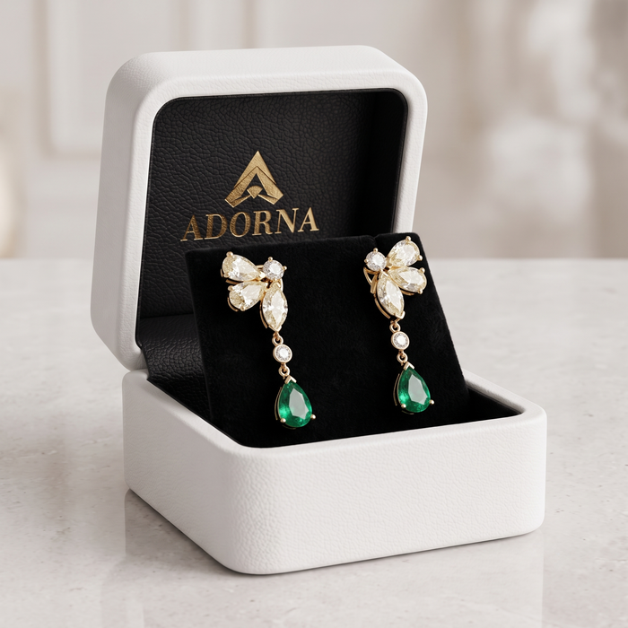 Cluster Teardrop Emerald Drop Earrings in 14K Yellow Gold
