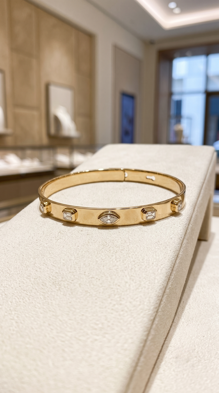 Lunar Charm Diamond Bangle Bracelet in 14K Yellow Gold