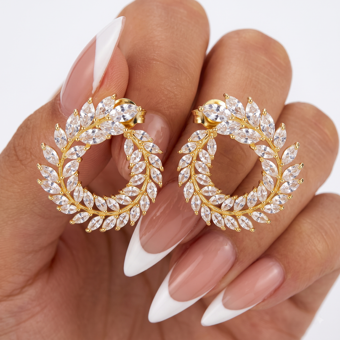 Round Leaf Shape Diamond Earrings in 18K Yellow Gold