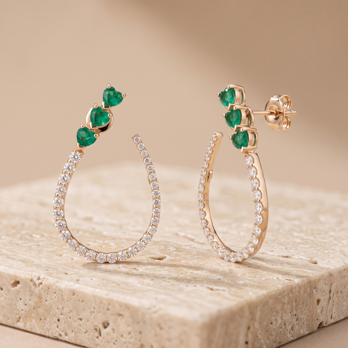 Trio Heart Emerald 14K (or 18k upon request) Yellow Gold Diamond Drop Earrings
