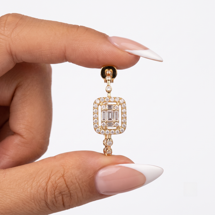 Baguette Diamond Frame Hoop Stud Earrings in 14K Yellow Gold