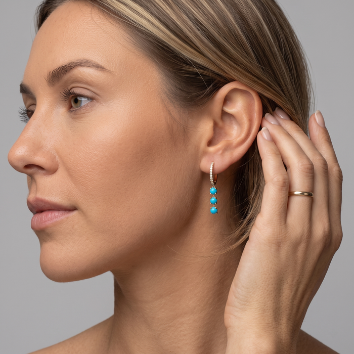 Turquoise Trio Drop Diamond Huggie Hoop Earrings in 14K Yellow Gold